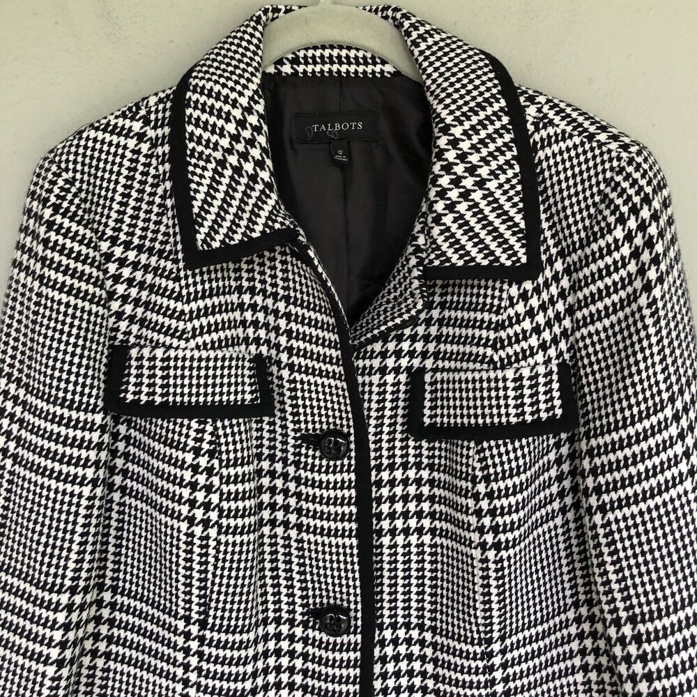 Talbots Blazer Houndstooth Blazer 12 Black White Wool Blend Jacket Preppy Career - Picture 3 of 10